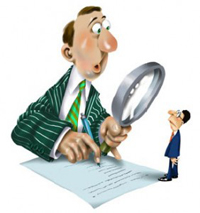 large man looking at small man with magnifying glass cartoon