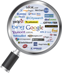 magnifying glass with directory logos inside