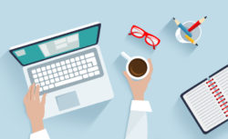 graphic of person on computer with coffee glasses and planner