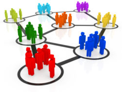group of different colored icon people standing in circles