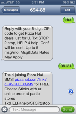 UK pizza hut promo sms text marketing